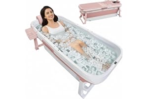 60inch Pink Foldable Bathtub Portable Soaking Bath Tub for Adults, 60'' Collapsible Ice Hot Bath Spa Tub with LCD Display, Sp