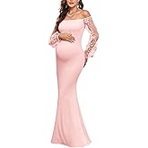 CYCLAMEN Off-Shoulder Maternity Evening Gown 3D Floral Mesh Sleeves Formal Mermaid Maxi Dress for Baby Shower Photoshoot