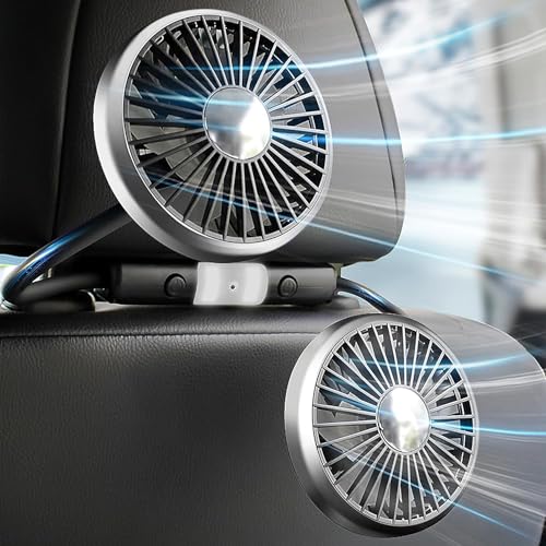 Loiisgy Car Fan for Backseat Dual Head Hose, USB Car Rear Seat Fan with 2 Independent Heads and Lights, 3 Speeds and 360 Degree Rotatable Cooling Car Fans
