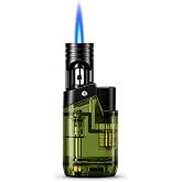 Premium Torch Lighter with Transparent Fuel Tank, Windproof Jet Flame Butane Lighter, Refillable Metal Lighter with Adjustable Flame, Portable Pocket Lighter for Outdoor Camping BBQ (Gas Not Included)