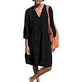 Lafural Womens V Neck Cotton Casual Loose Shift Tunic Smock Summer Dresses Vacation Dress 3/4 Sleeve Pocket