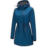 poonyfesh Women’s Softshell Jacket Lightweight Long Rain Coat Hooded Waterproof Windproof Fleece Lined Insulated Windbreaker
