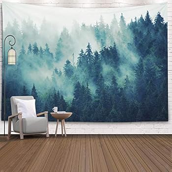 EMMTEEY Grey Tapestry Wall Hanging, Tapestries Décor Living Room Bedroom for Home Inhouse by Printed 80X60 Inches for Landscape with Fir Forest in Hipster Vintage Retro Style