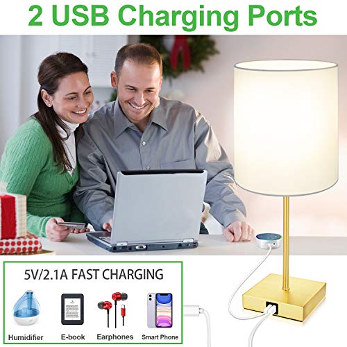 Touch Control Table Lamp, 3-Way Dimmable, 2 USB Fast Charging Ports, Bedside Nightstand Lamp With TC Cloth Shade for Bedroom, Living Room, Dorm, Office, 60W Equivalent E26 LED Bulb Included(Gold)