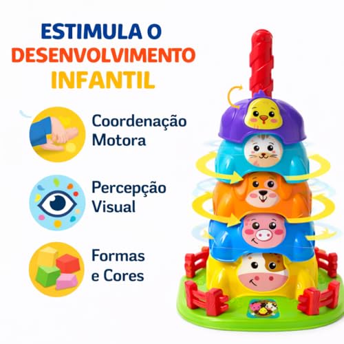 Brinquedos Para bebe Torre Giratória Fazendinha com Animais Brinquedo Educativo de Girar e Empilhar Estimula Coordenação Motora e Percepção Visual Brinquedo para Bebês +12 Meses