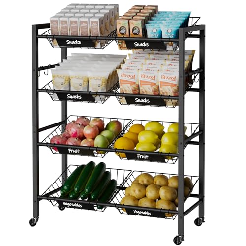 IBUYKE Kitchen Trolley with 8 Baskets,Metal Auxiliary Cart,Black TLJ025B | Vegetable Trolley Fruit Basket Organizer with Wheels for Vegetables, Onions, Potatoes
