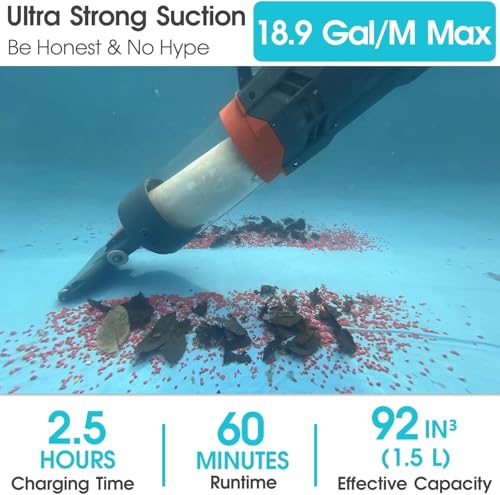 AQUAFYSH Cordless Pool Vacuum-True Powerful Suction 18.9GPM, 96inch, 1H Runtime, 25µm Fluff Ultra Fine Filter,Handheld Rechargeable Hot Tub Cleaner with Poles for Above Ground&Inground Pool