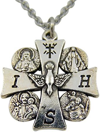 Silver Tone 4-Way Cross with Holy Dove Medal Pendant, 1 Inch