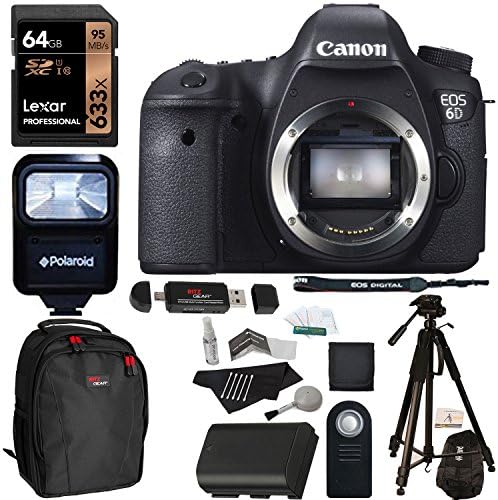 Canon EOS 6D 20.2 MP CMOS Digital SLR Camera Body + Lexar 64GB Memory Card + Ritz Gear Bag + Polaroid 72" Tripod + Spare Battery + Polaroid Flash + Wireless Remote + Accessory Bundle