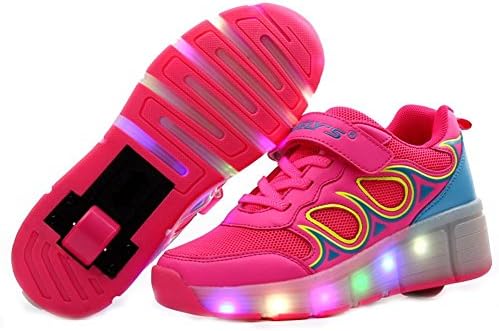 7 Colorful Breathable LED Light Up Flashing Single Wheeled Heel Skate Shoes LED Roller Sneakers(Pink 33 M EU/1.5 M US Little Kid)