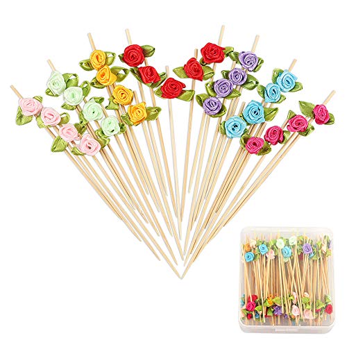 Rose Flower Appetizer Skewers Cocktail Picks Long Bamboo Toothpicks in Clear Storage Box Wedding Valentines Day Single Bachelorette Party Food Drinks Desserts Fruits Decor 4.7" 100 Counts-MSL119
