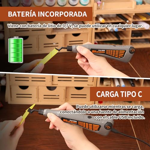 Bucasso Cordless Pen Sander, Variable Speed, USB Charging and LED Light, Multi-purpose Electric Tool for Sanding, Polishing, Finishing and Crafting (GREY)