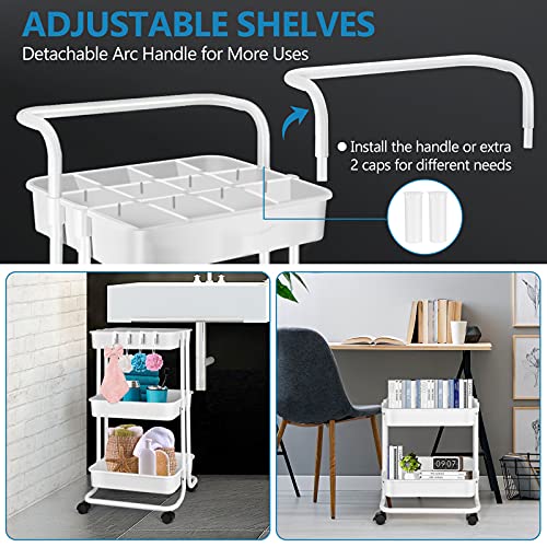 AZMALL 3 TIER UTILITY ROLLING ORGANIZER – STORAGE MAKEUP BABY TRAY CART WITH TROLLEY HANDLES FOR OFFICE BATHROOM BEDROOM (WHITE)