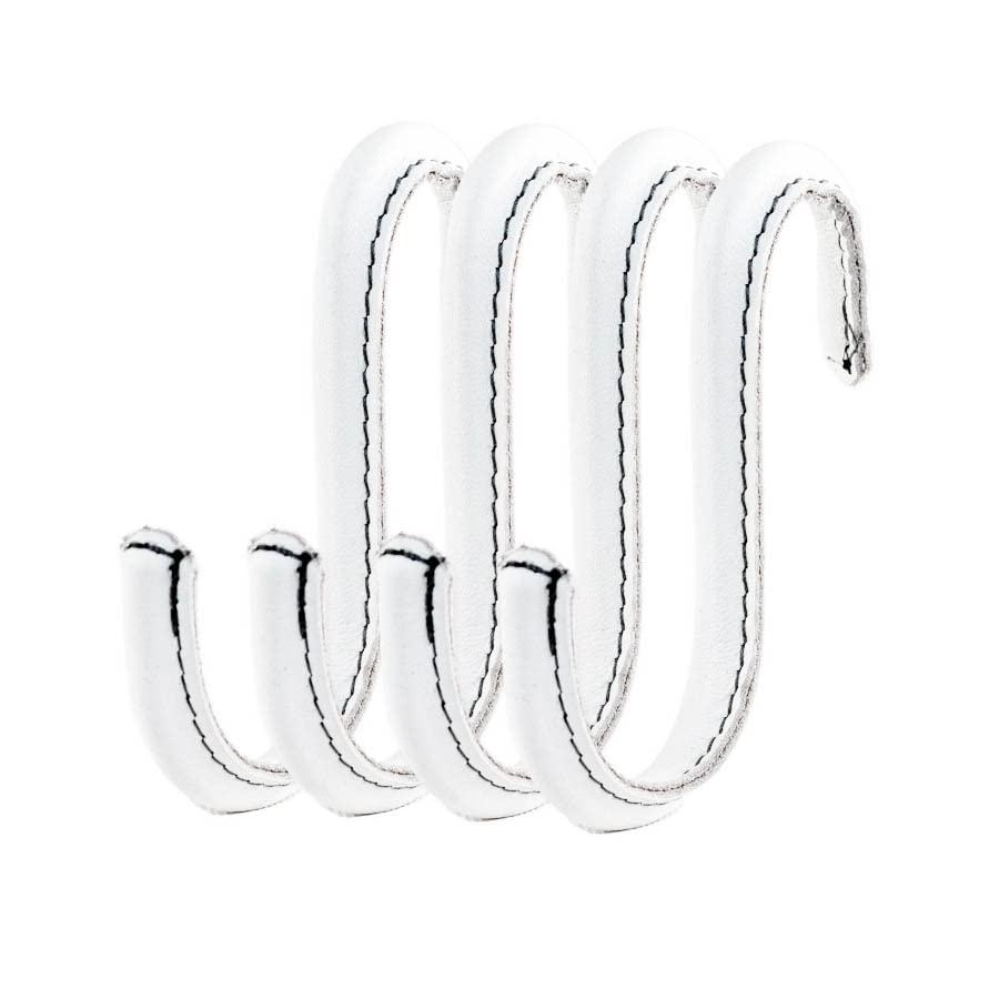 Brute Strength - S Shaped Hooks Wrapped in Full Grain Leather - 4 pcs - White - 10 cm Stainless Steel Metal Hangers Hanging Hooks for Kitchen, Work Shop, Bathroom