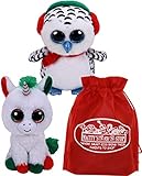 Ty Beanie Boos Candy Cane (Unicorn) & Nester (Owl) Holiday Set Bundle with Bonus Matty's Toy Stop Storage Bag - 2 Pack