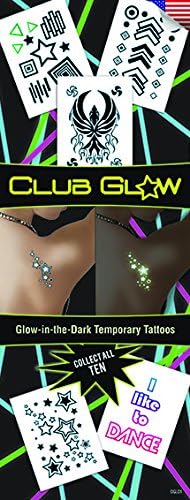 Club Glow Temporary Tattoos, Glow in the Dark, 10 unique sheets
