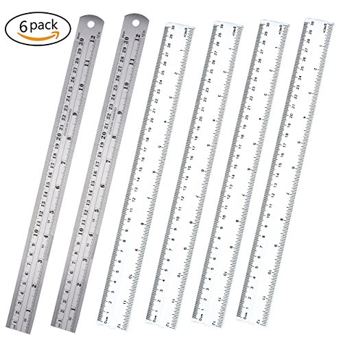 Stainless Steel Ruler Plastic ruler 12"(30cm) Straight Edge Metal Ruler Set For Engineering Office And School (6 pack 30cm) (6 ruler)