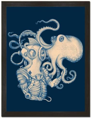 Sharp Shirter, IncSharp Shirter Kraken Poster Steampunk Wall Art Pirate Theme Beach Decor Underwater Print Blue Gold 8 x 10 18 x 24