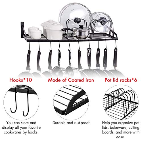 Sunix Pan Pot Rack, Wall Mounted 2-Tier Pan Hanging Racks, Pot Shelf Organizer with 10 Hooks and Pot Lids Holder