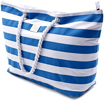Large Canvas Striped Beach Bag - Top Zipper Closure - Waterproof Lining - Tote Shoulder Bag For Gym Beach Travel 1 Large Canvas Striped Beach Bag - Top Zipper Closure - Waterproof Lining - Tote Shoulder Bag For Gym Beach Travel