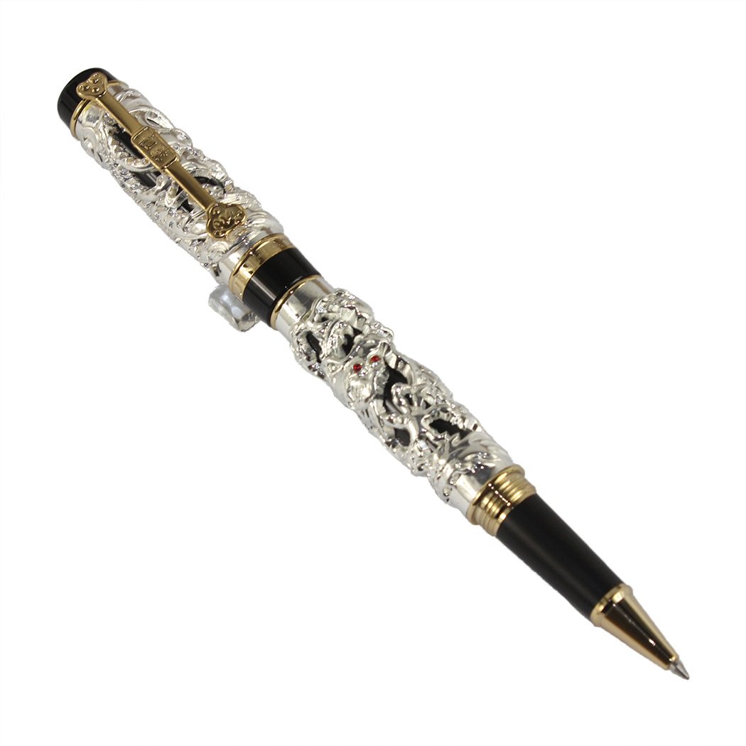 Gullor Noblest Dragon and Phoenix Rollerball Pen with PU Leather Pen Pouch - Silver and Black