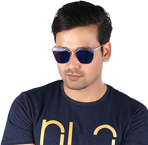AISLINMirrored Cat eye Unisex Sunglasses - (Blue Mirror Lens | Golden Frame | Large Size)