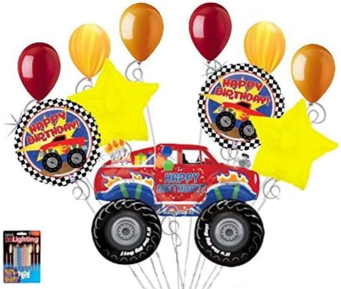 11 pc Monster Truck Happy Birthday Balloon Bouquet Party Decoration Red Flames by Jeckaroonie Balloons