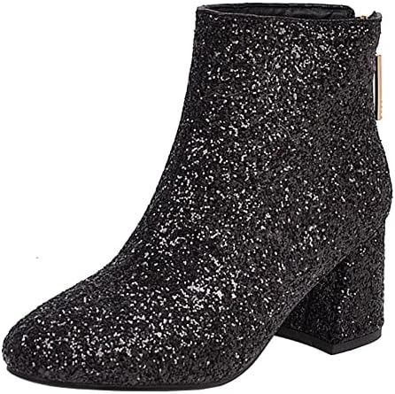 sequin dress ankle boots Oyedens Women's Sparkly Sequin Dress Boots Glitter Leather Chunky Low Heel Mid Calf Short Ankle Booties for Christmas Wedding Party Silver Size 6