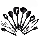 Feskio 10 Pieces Silicone Kitchen Cooking Utensils Heat Resistant Nonstick Baking Tool Set Include Pasta Spoon,Slotted Spoon,Tongs,Spoonula,Ladle,Turner,Basting Brush,Whisk,Large Spatula,Small Spatula