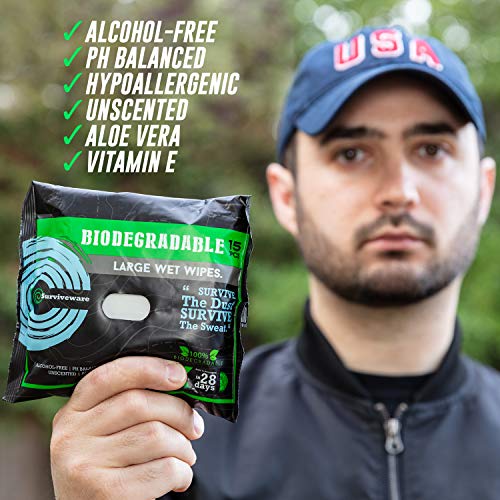 Surviveware Biodegradable Wet Wipes, Travel Pack, Face and Body Wipes