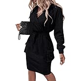 CHICME Womens Pullover Hoodie Dress Long Sleeve V Neck Wrap Drawstring Waist Casual Sweatshirt Dress with Flap Pockets