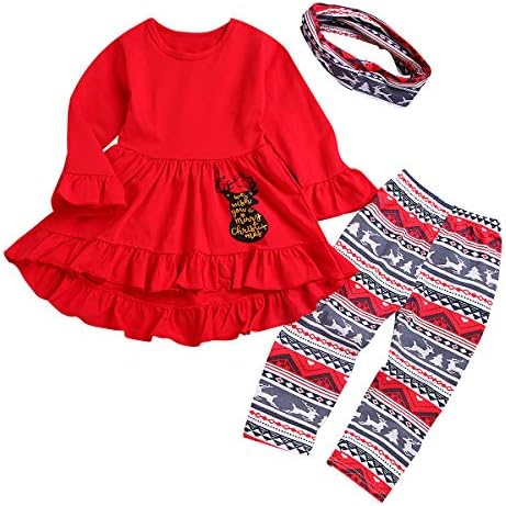 Toddler Girls 3 Pc Hi Lo Christmas Holiday Ruffle Tunic Outfit, Scarf,Buffalo Plaid Deer Dress and Ruffle Bottom Leggings