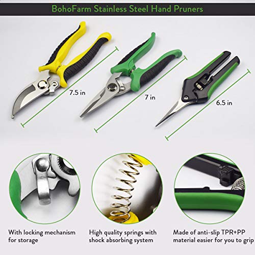 BoHoFarm Gardening Shears Garden Cutter Pruner Clippers Stainless Steel Bypass Pruning Kit Hydroponic Set of 3 - Thumbnail 2