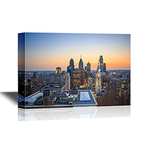 USA City Skyline Canvas Wall Art - Skyline of Downtown Philadelphia at Sunset - Gallery Wrap Modern Home Art | Ready to Hang - 12x18 inches