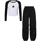 Cakaner Tween Girls Clothes Ribbed Star Printed Shirt + Cargo Pants Sets Fall Outfits Sizes 7-16 Years