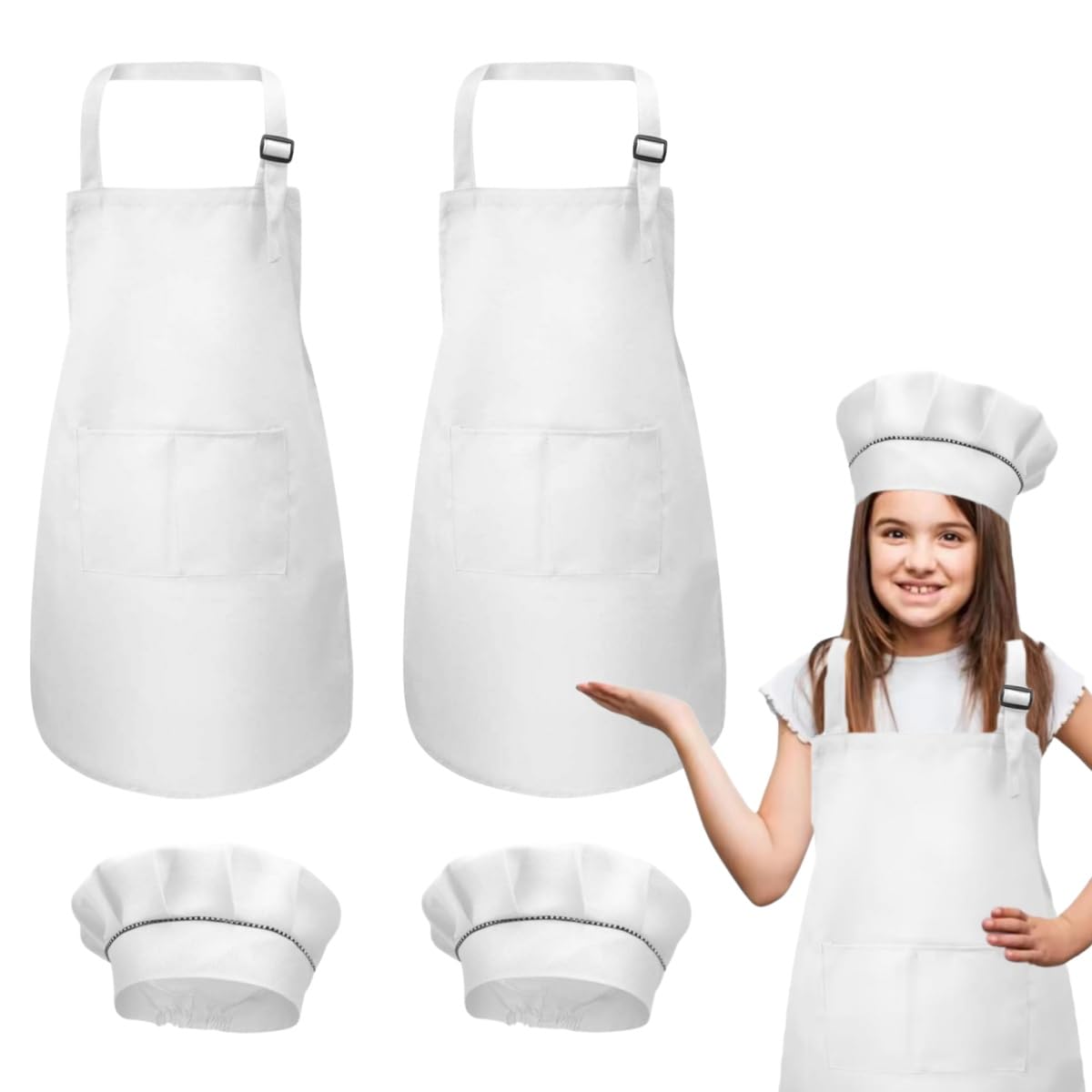 DECARETA Kids Apron and Chef Hat Set,2 Kids Chefs Apron with Pockets and 2 White Kids Chef Hat,Polyester Adjustable Children Chef Apron,Hat Cooking,Baking Painting Wear for Boys and Girls (4-12year)
