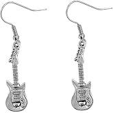 Vintage Electric Guitar Dangle Earrings, Silver-Tone Metal, Musical Instrument Design