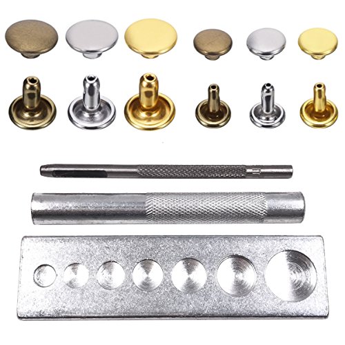 Seloky 210 Set 2 Sizes Leather Rivets Double Cap Rivet Tubular Metal Studs with 3 Fixing Tool Kit for Leather Craft Repairing Decoration,2 Sizes and 3 Colors (Gold, Silver and Bronze)