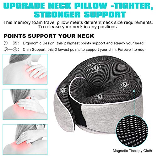 RoomyRoc Travel Pillow 100% Pure Memory Foam Neck Pillow, Soft Full Chin Head Neck Support Adjustable Best Sleep Pillow with Mask Earplug, Breathable & Washable Pillowcase, Car & Airplane Pillow, Grey