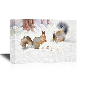 Canvas Wall Art - Winter Squirrels Eating Nuts in The Snow - Gallery Wrap Modern Home Art | Ready to Hang - 12x18 inches