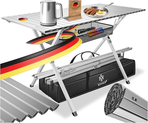 KESSER® Campingtisch faltbar Klapptisch mit Aluminiumrahmen Aufrollbare Tischplatte Falttisch klappbar 145x70x70cm bis 100kg inkl. Tragetasche mit Tra