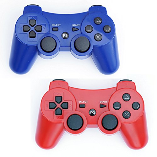 PS3 Controller Wireless 2 Pcs Double Shock Gamepad for Playstation 3, Sixaxis wireless PS3 Controller (Red + Blue)