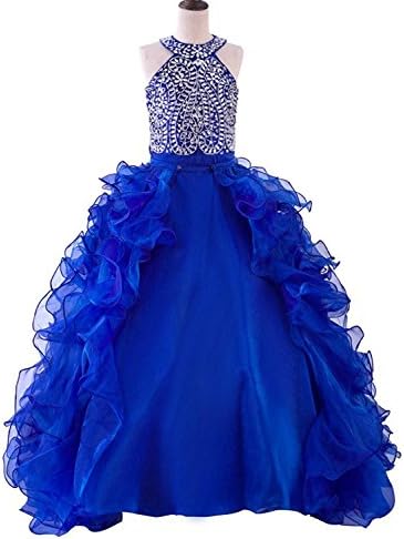 WZY Girls Crystal Beaded Ruffled Party Christmas Ball Gown Princess Pageant Dress (10, 1-Royal Blue)