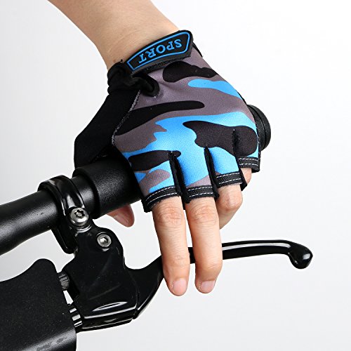 NATURE Ann Boy Girl Child Children Kid Half Finger Fingerless Short Shock-Absorbing No-Slip Pro Cycling Gloves Mitten for Cycling MTB Exercise Skate Skateboard Roller Skating Other Sports (Blue+Grey)
