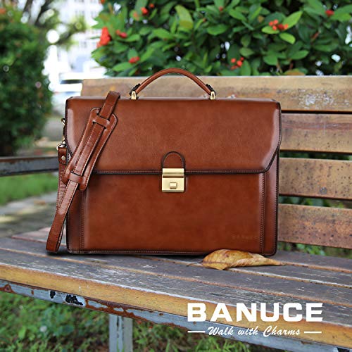 Banuce Vintage Leather Briefcase for Men with Lock Attache Case 14 Inch