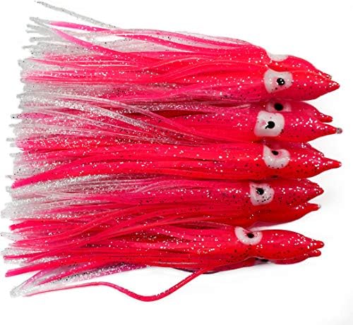 Jumping fish 30pcs Soft Plastic Octopus Lures Hoochie 6in/15cm Squid Skirt Lures Trolling Saltwater Bait Pink & Transparent