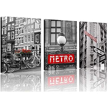 TutuBeer Black and White Vintage New York City Canvas Red Broadway Sign Canvas Red Metro Europe Black and White with Red Old Bicycles Flowers Wall Art Decor Canvas Framed Ready to Hang,3pcs/Set