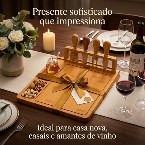 Tábua de Frios Petisqueira Bambu com Kit 4 Facas e Suporte | Tábua para Queijos Aperitivos e Servir | Bandeja Gourmet Premium 39x29cm