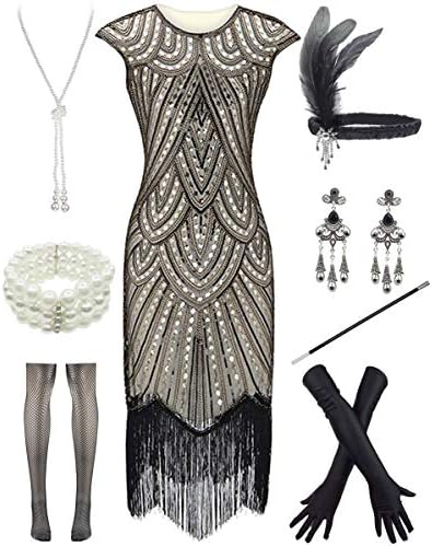 Letter LoveWomens Vintage Lace Fringed Gatsby 1920s Cocktail Dress with 20s Accessories Set