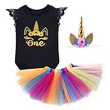 Infant Toddler 3PCS Outfit Skirt Tutu Onesie Unicorn Headband Romper Cake Smash Crown Princess Costume Christmas Dress #1 Black Lace Sleeve 12-18 Months